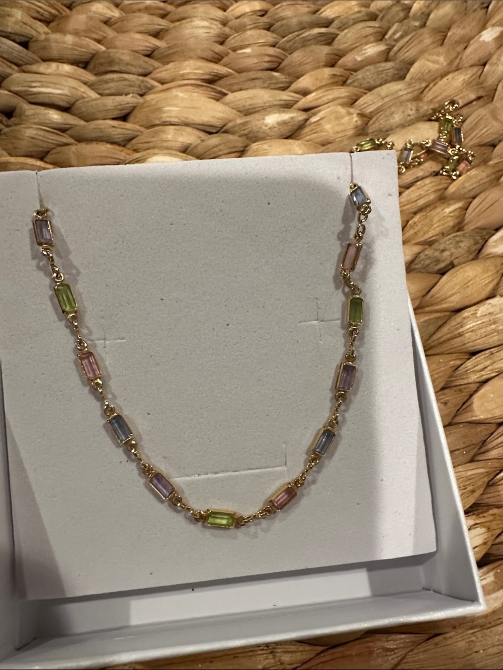 Gold-tone Multicolor Baguette Station Necklace - Women Jewelry- 16”